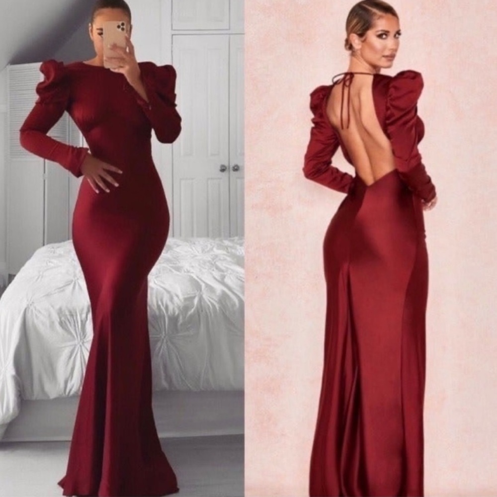 HOUSE OF CB Ottillie Sexy Open Back Puff Sleeves
Silky Satin Red Maxi Gown Dress